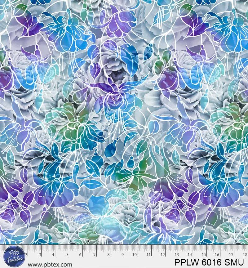 108" Petal Play Blue Purple Green Florals Cotton Wideback Fabric per yard