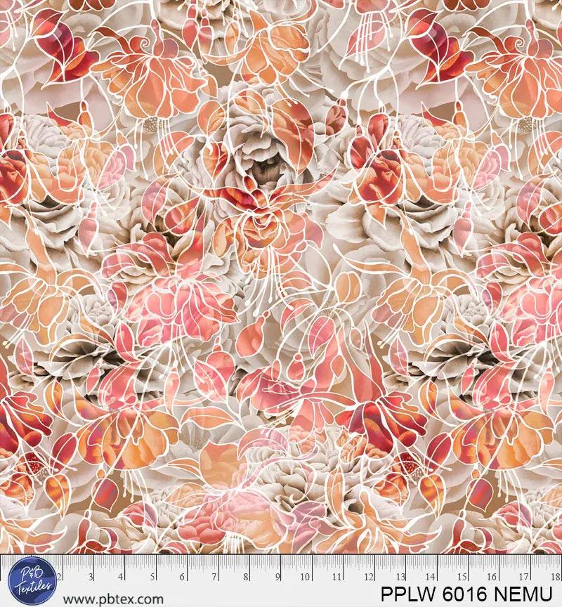 108" Petal Play Cream Orange Red Florals Cotton Wideback Fabric per yard