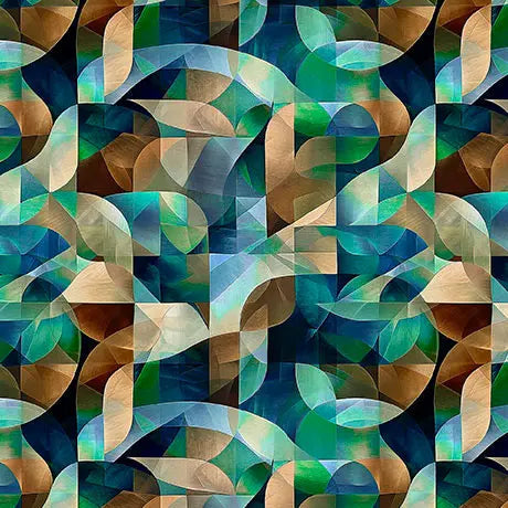 Blue Green Teal Kaleidoscope Geo Cotton Wideback Fabric per yard