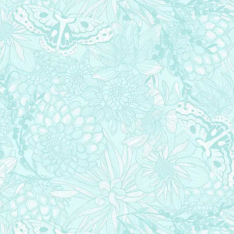 Light Aqua Dahlias at Dusk Tonal Floral & Butterflies Cotton 44"/45" Fabric Per Yard