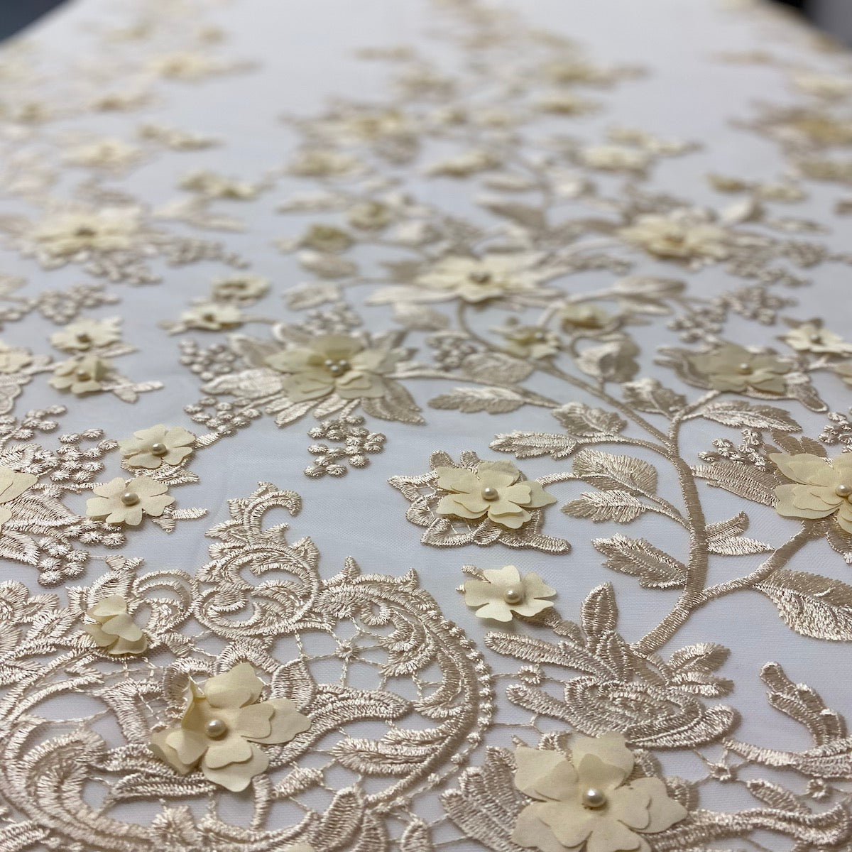 3D Embroidered Satin Floral Pearl Lace Fabric