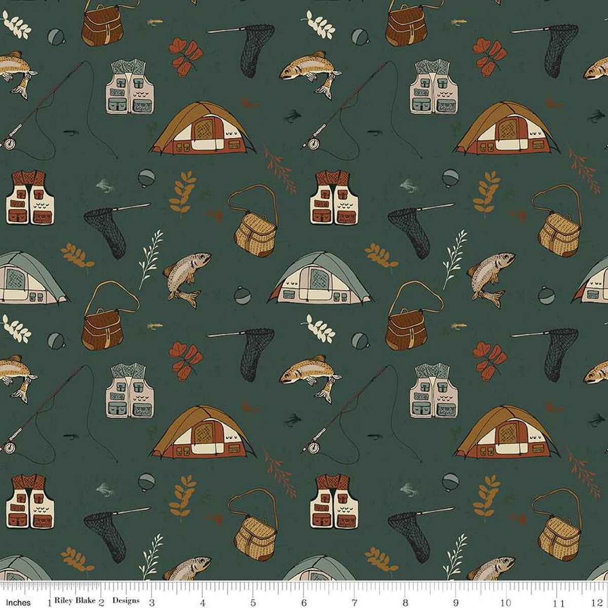 Let's Wander Gone Fishing Forest Cotton 43"/44" Fabric Per Yard
