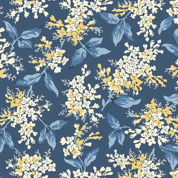 Navy Floral Branches Cotton Wideback Fabric per yard