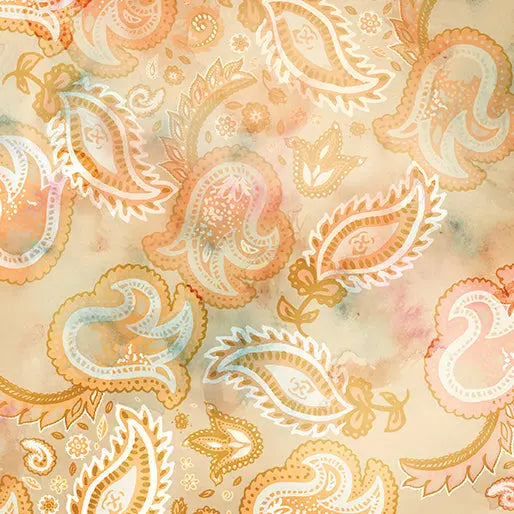 Orange Shadow Paisley Buff Cotton Wideback Fabric per yard