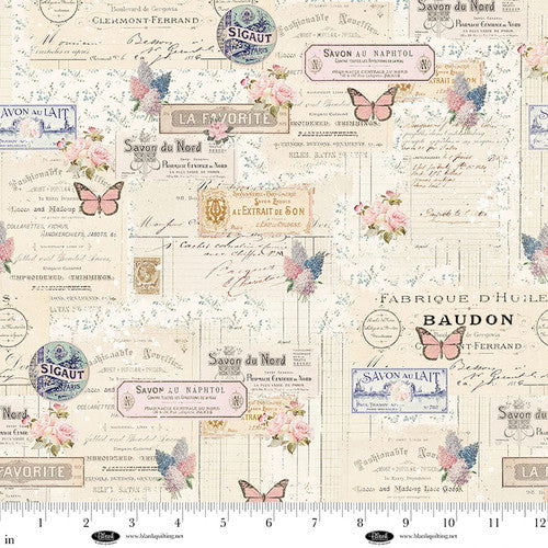 Parisian Snippets Digital Ecru Labels and Butterflies Cotton 44"/45" Fabric Per Yard