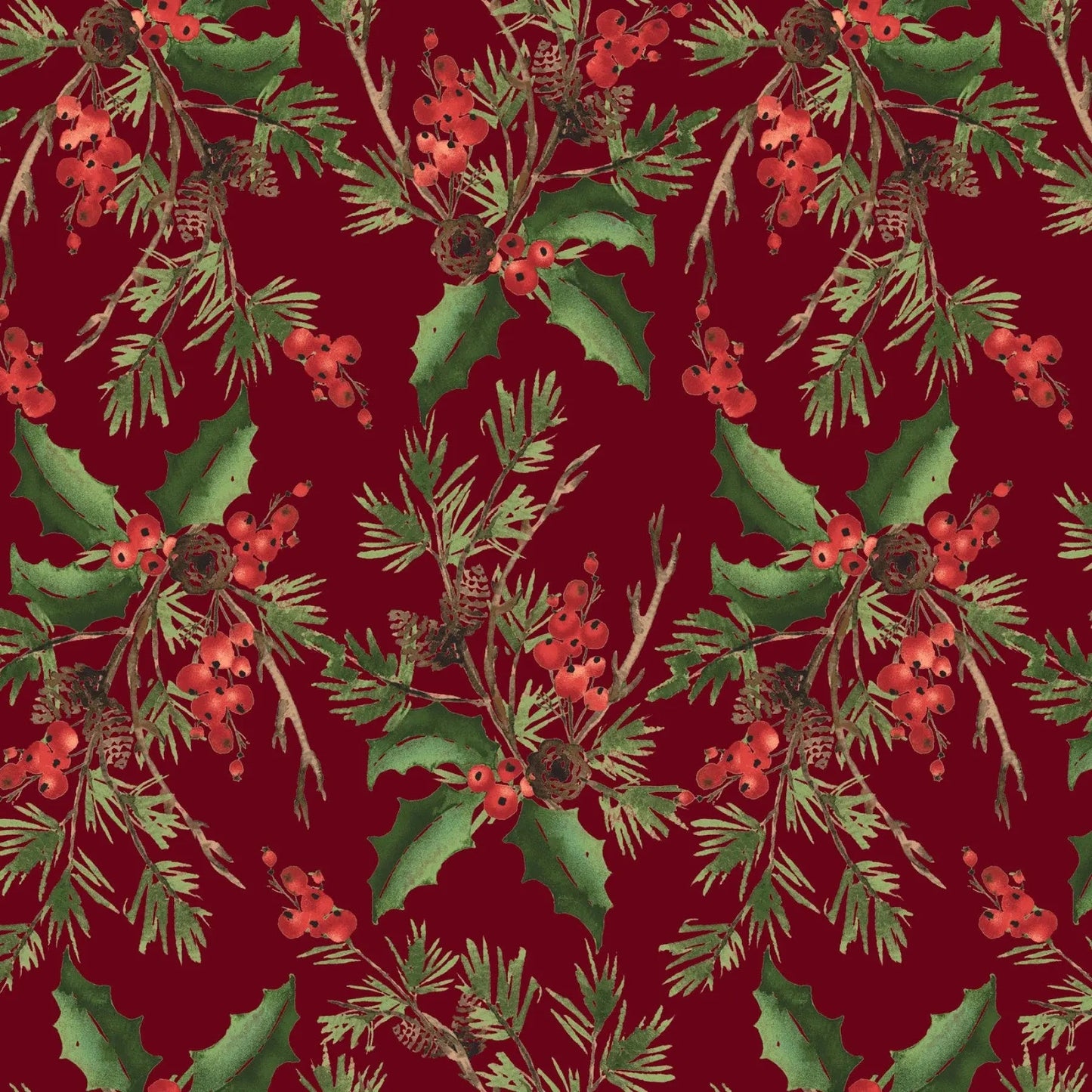 Red Burgandy Holly Bouquet Cotton Wideback Fabric per yard