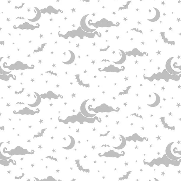 Spooky Spectacle - Moon and Stars All Over White on White Cotton 44"/45" Fabric Per Yard
