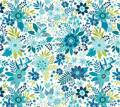 Blue Teal Daybreak Wildflowers Cotton Wideback Fabric per yard