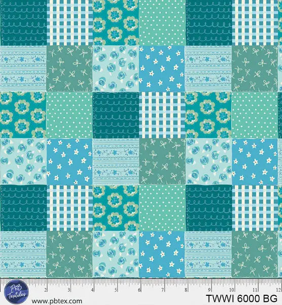 Things With Wings Blue Green Squares 44"/45" Fabric Per Yard