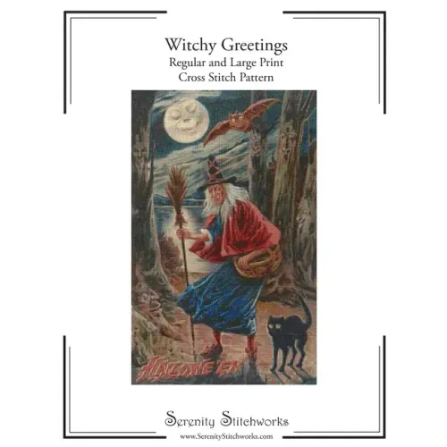 Witchy Greetings Cross Stitch Pattern: Regular and Large Print Cross Stitch Chart