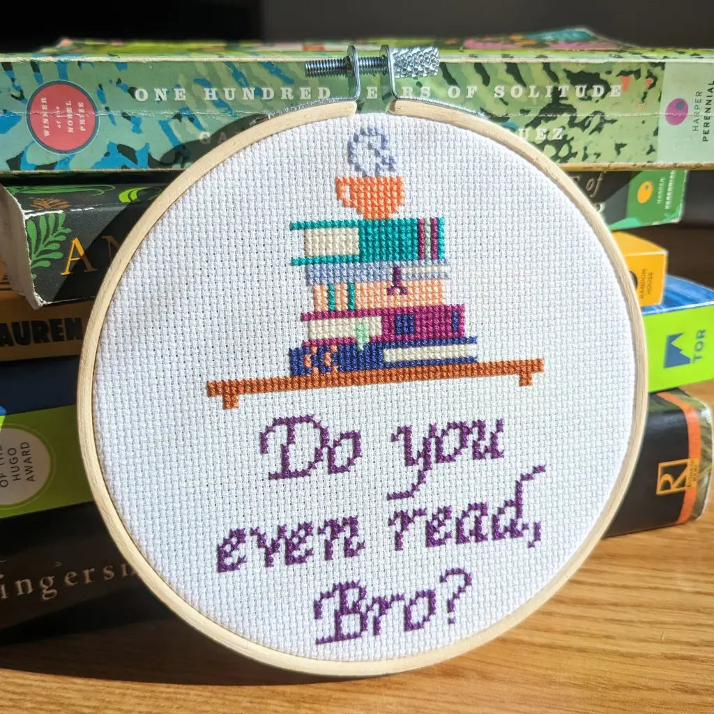 Do You Even Read, Bro? Snarky Bookworm Cross Stitch Kit by Room for Calm