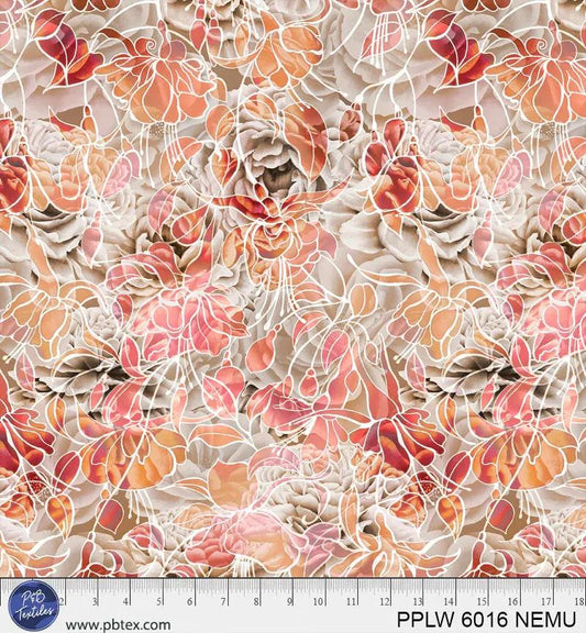 108" Petal Play Cream Orange Red Florals Cotton Wideback Fabric per yard