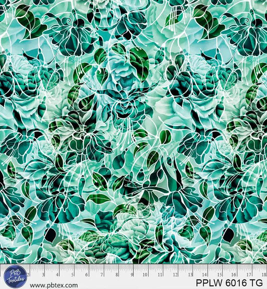 108" Petal Play Green Teal Florals Cotton Wideback Fabric per yard
