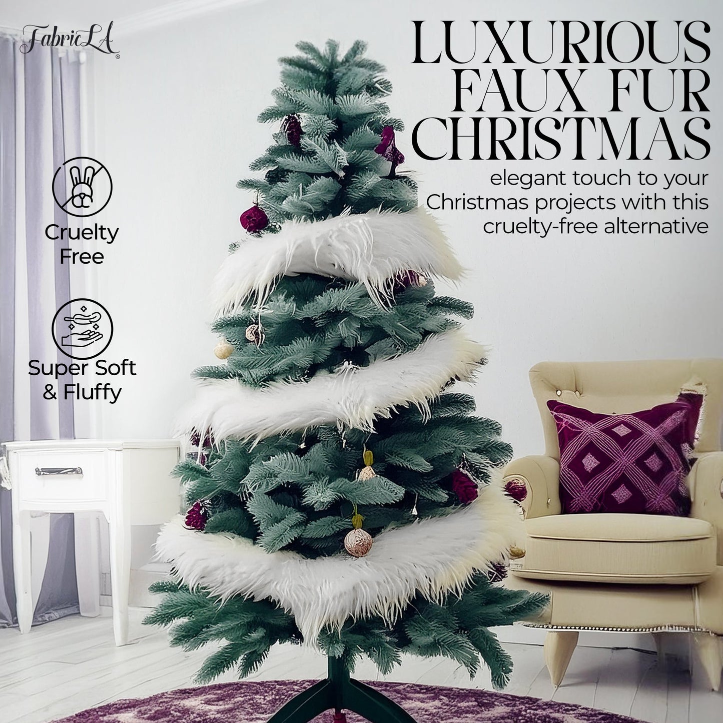 FabricLA Faux Fur Ribbon Trim Fabric -  Soft Christmas Fur Great for Crafting, Sewing, and Decorating - White