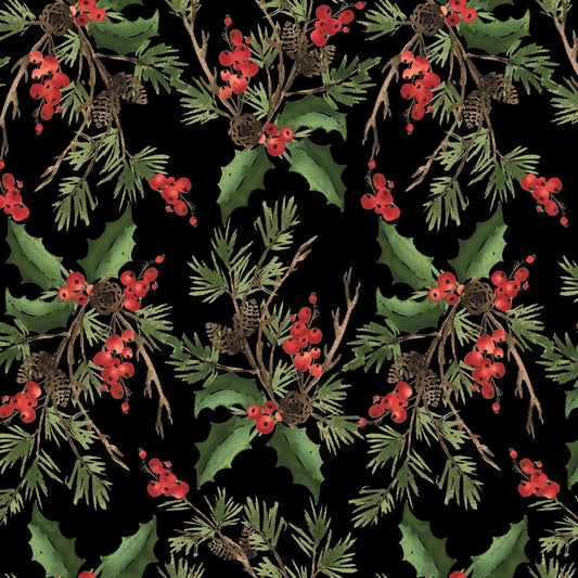 Black Holly Bouquet Cotton Wideback Fabric per yard