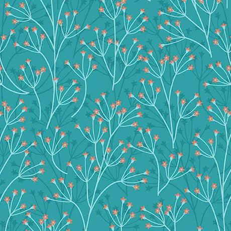 Teal Dahlias at Dusk Floral Sprigs Cotton 44"/45" Fabric Per Yard