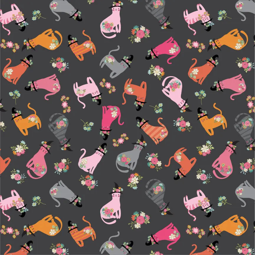 Cats In Hats Poppie Cotton Black 44"/45" Fabric Per Yard