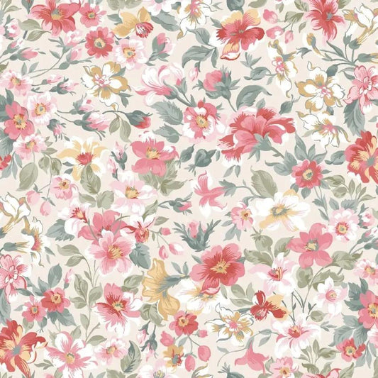 Cream/Multi Packed Floral La Fleur Flannel Cotton 42"/43" Fabric Per Yard