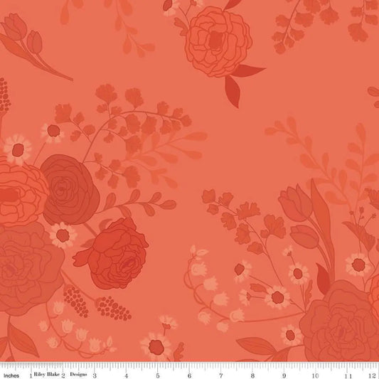First Blooms Tonal Floral Coral Cotton Wideback Fabric per yard