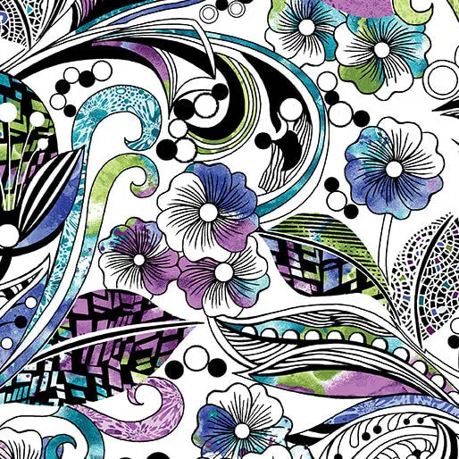 Go with the Flow Floral Swirl White/Multi Cotton 44"/45" Fabric Per Yard