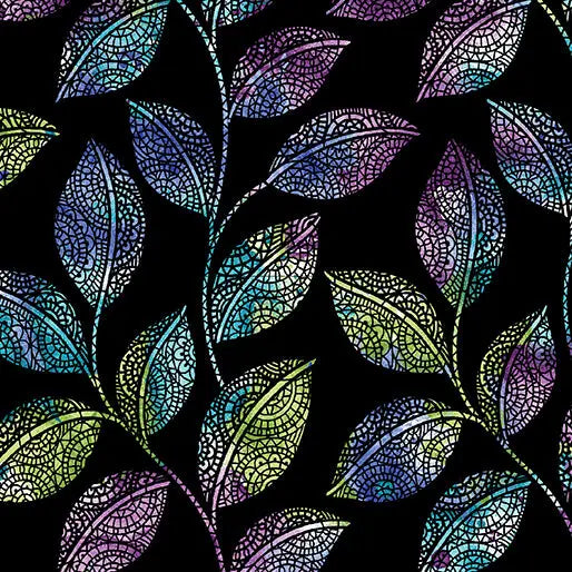 Go with the Flow Mosaic Leaves Black/Multi Cotton 44"/45" Fabric Per Yard