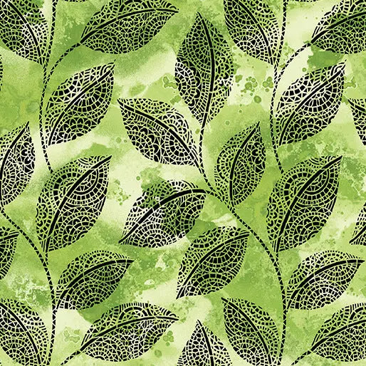 Go with the Flow Mosaic Leaves Lime Cotton 44"/45" Fabric Per Yard