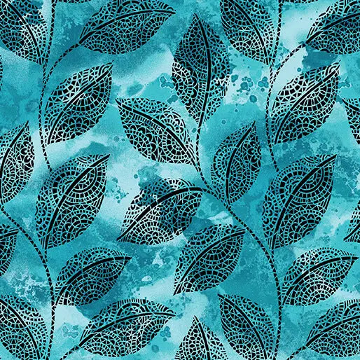 Go with the Flow Mosaic Leaves Turquoise Cotton 44"/45" Fabric Per Yard