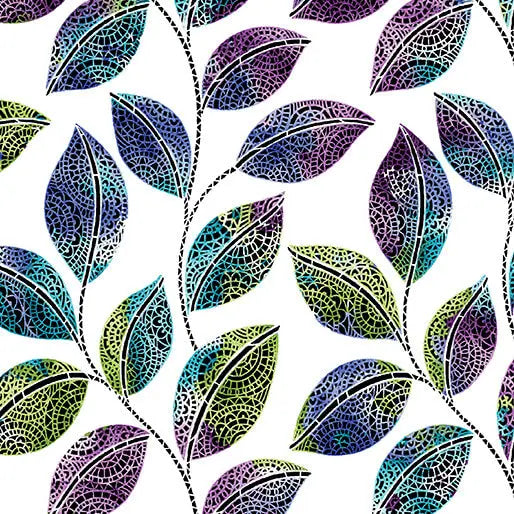 Go with the Flow Mosaic Leaves White/Multi Cotton 44"/45" Fabric Per Yard