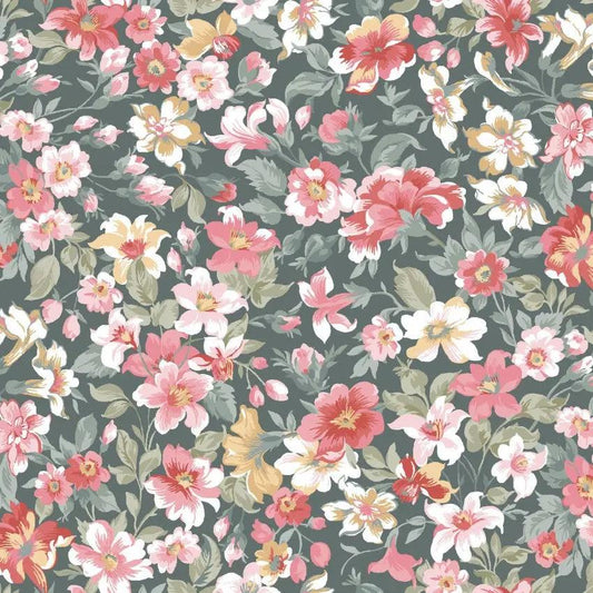 Green/Multi Packed Floral La Fleur Flannel Cotton 42"/43" Fabric Per Yard