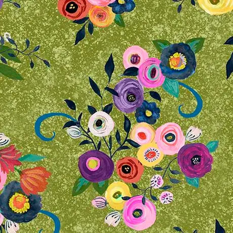 Green Olive Watercolor Floral Toss Cotton 44"/45" Fabric Per Yard