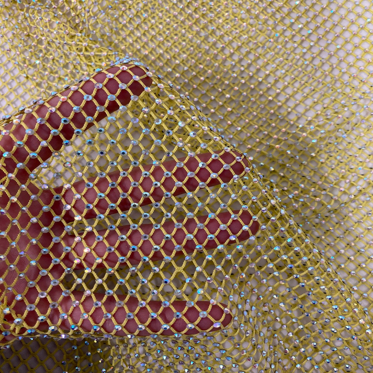 Serene Iridescent Rhinestone Fishnet Lace Fabric
