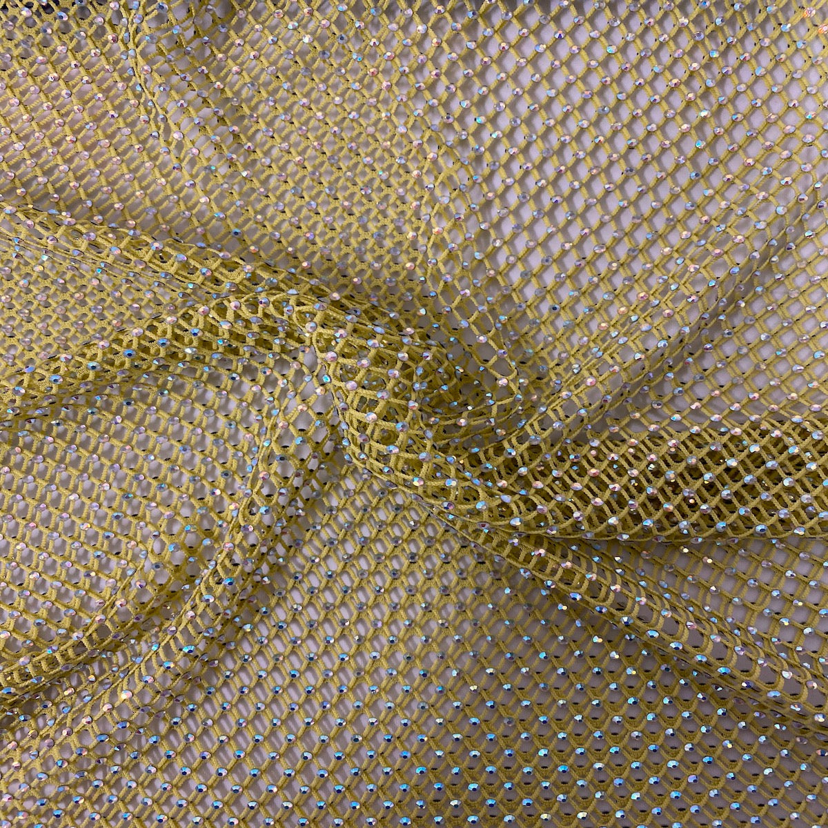 Serene Iridescent Rhinestone Fishnet Lace Fabric