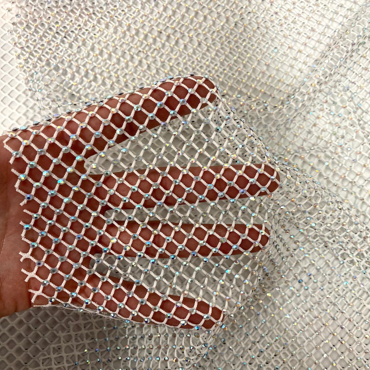 Serene Iridescent Rhinestone Fishnet Lace Fabric