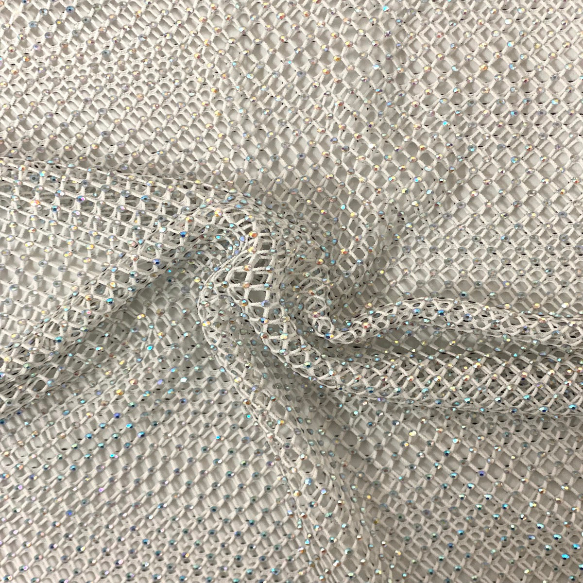 Serene Iridescent Rhinestone Fishnet Lace Fabric