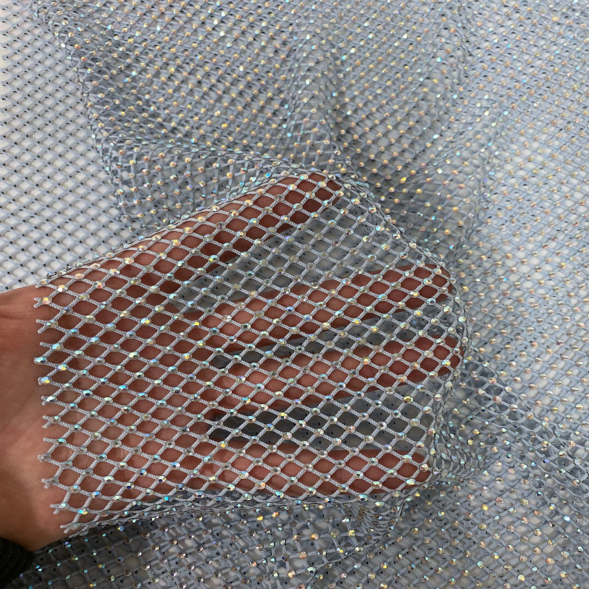 Serene Iridescent Rhinestone Fishnet Lace Fabric