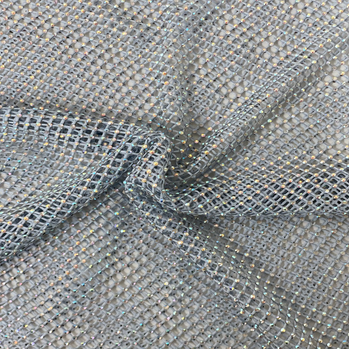 Serene Iridescent Rhinestone Fishnet Lace Fabric