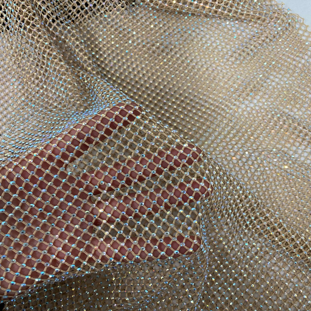 Serene Iridescent Rhinestone Fishnet Lace Fabric