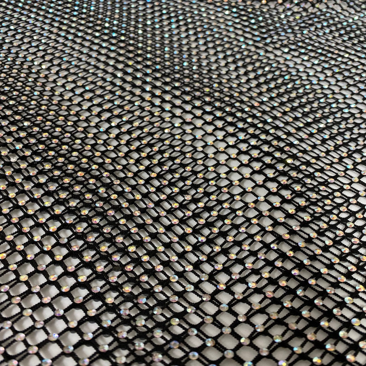 Serene Iridescent Rhinestone Fishnet Lace Fabric