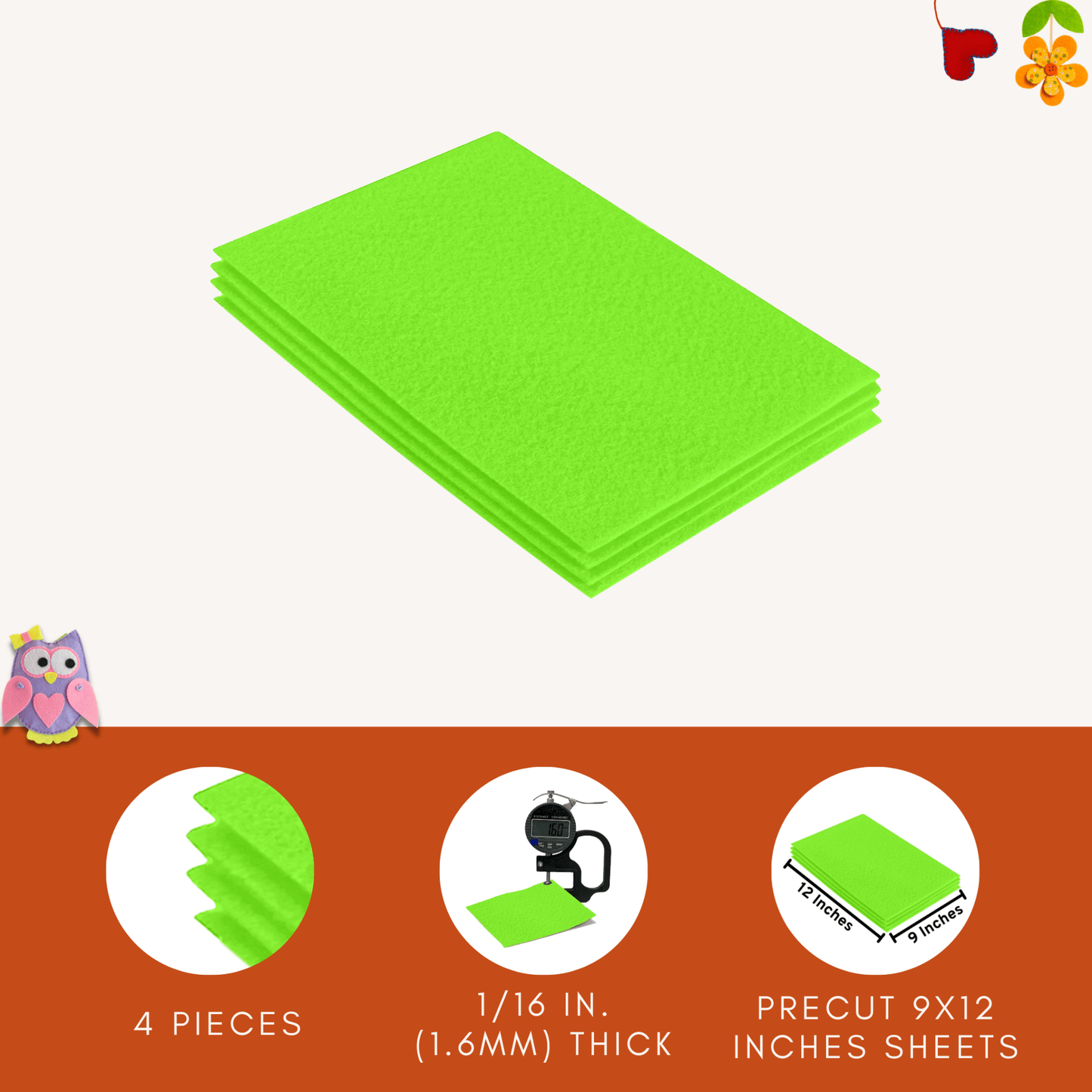 FabricLA Acrylic Felt 9"X12" Sheet Packs | Neon Green