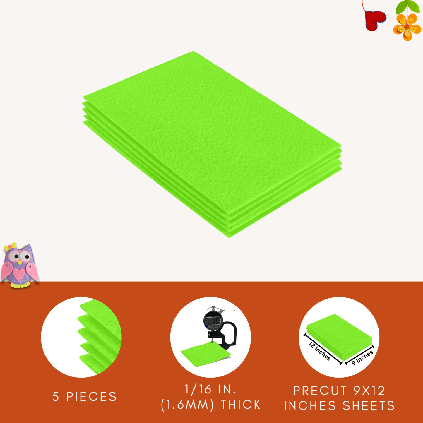 FabricLA Acrylic Felt 9"X12" Sheet Packs | Neon Green