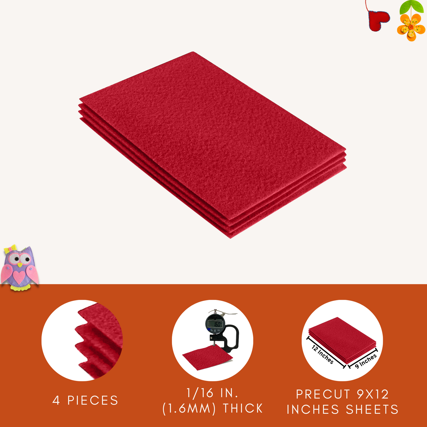 FabricLA Acrylic Felt 9"X12" Sheet Packs | Red