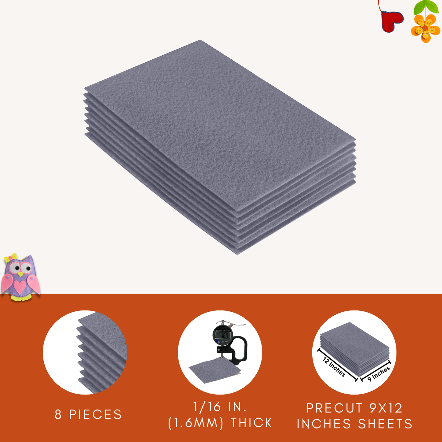 FabricLA Acrylic Felt 9"X12" Sheet Packs | Grey