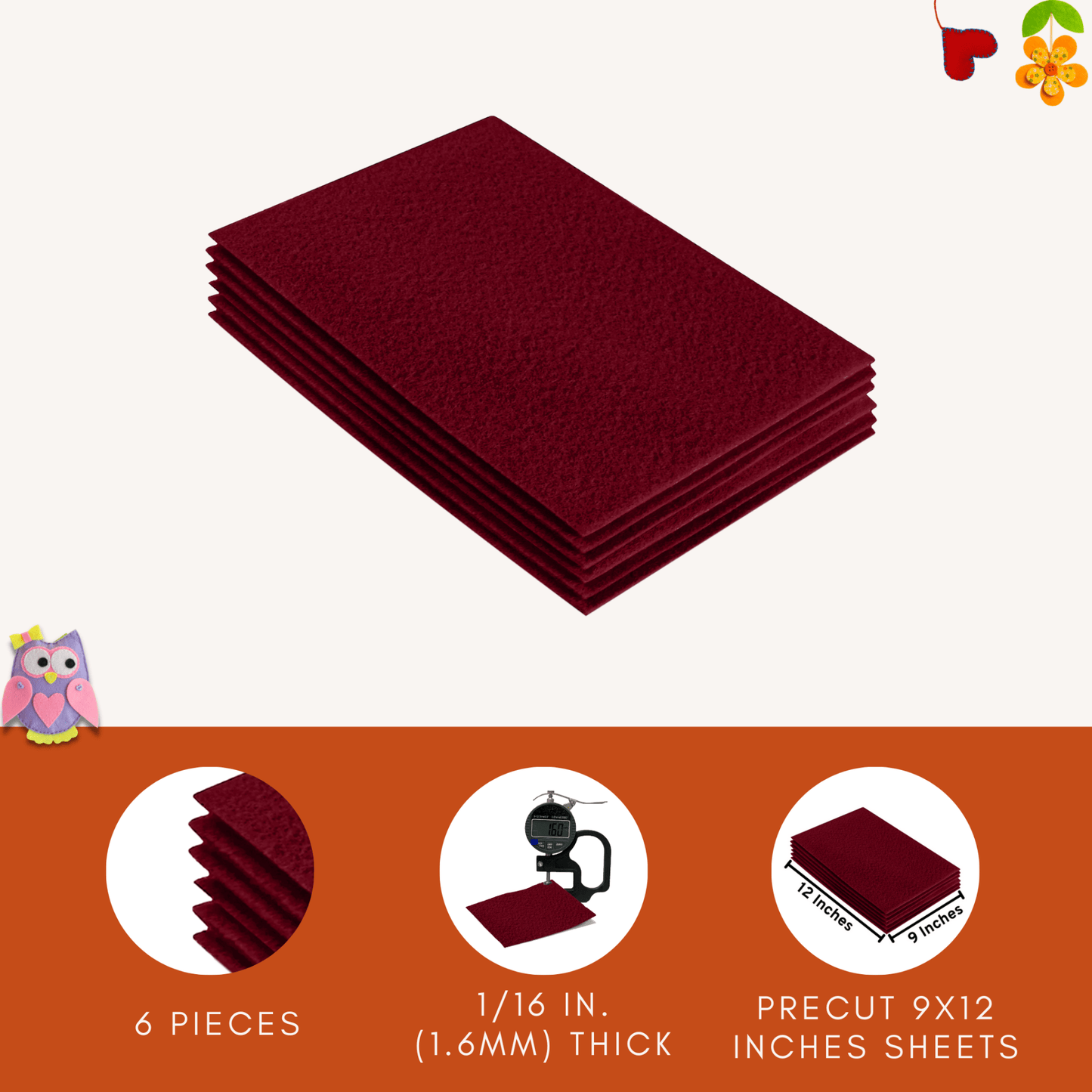 FabricLA Acrylic Felt 9"X12" Sheet Packs | Dark Red