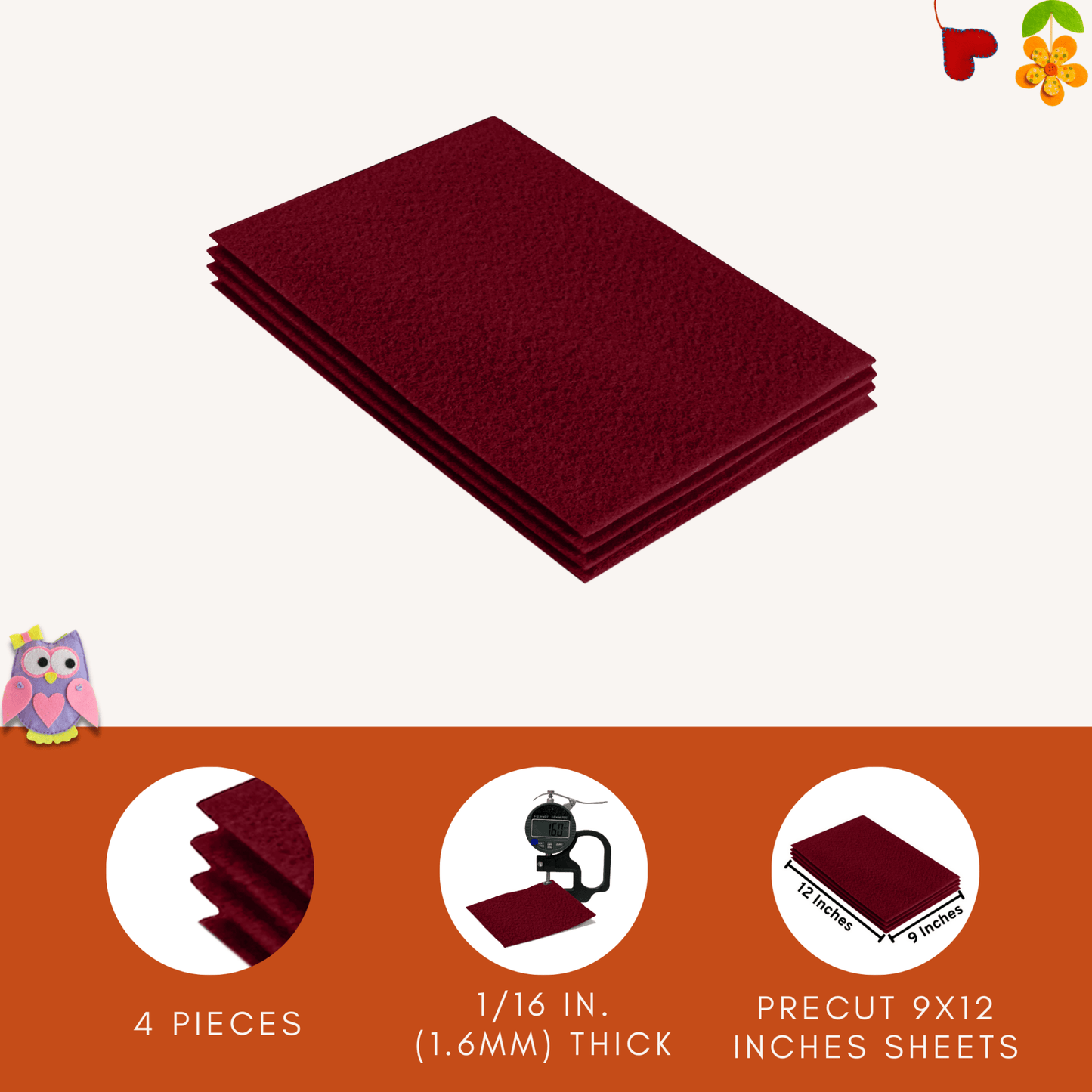 FabricLA Acrylic Felt 9"X12" Sheet Packs | Dark Red