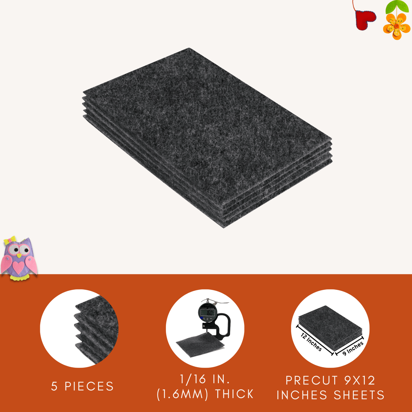 FabricLA Acrylic Felt 9"X12" Sheet Packs | Charcoal