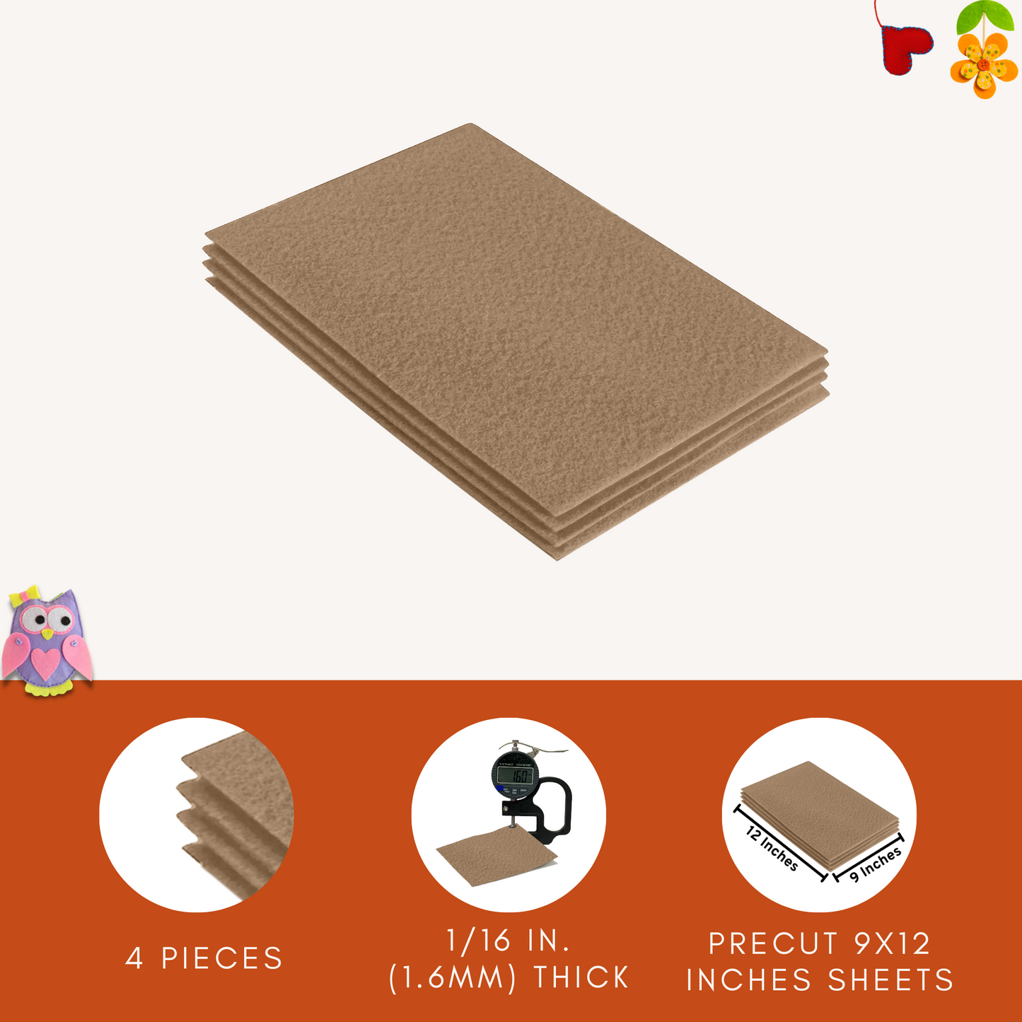Taupe Felt Fabric Sheets – 9"x12" | Soft & Durable Craft Felt