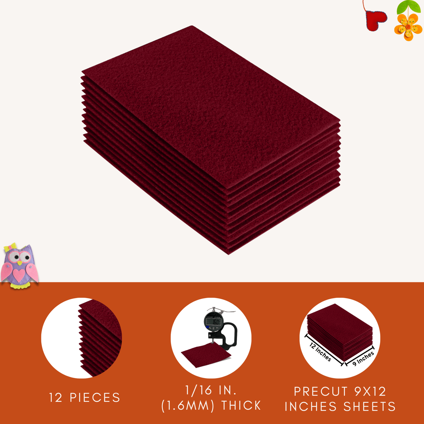 FabricLA Acrylic Felt 9"X12" Sheet Packs | Dark Red