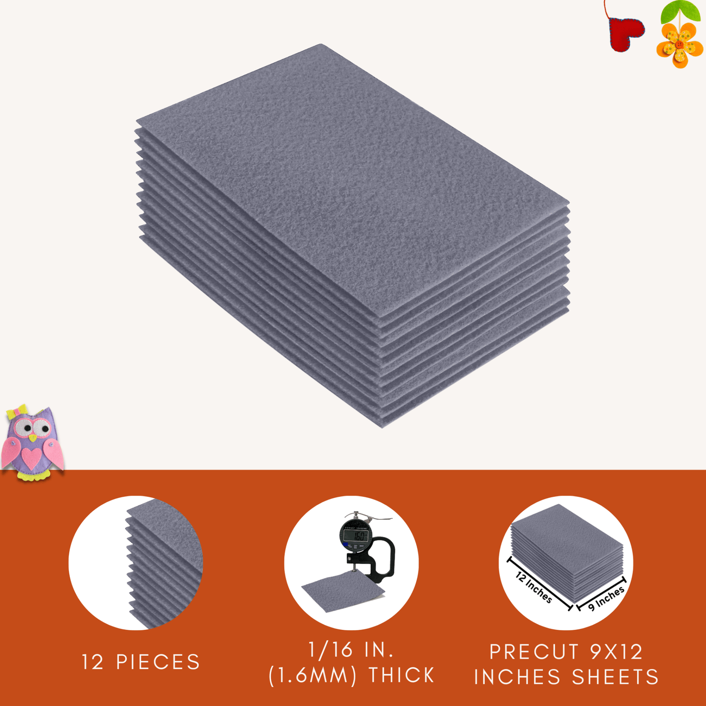 FabricLA Acrylic Felt 9"X12" Sheet Packs | Grey