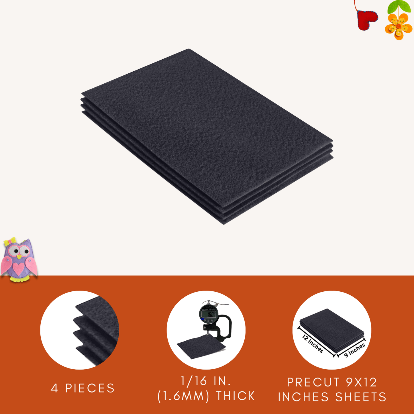 FabricLA Acrylic Felt 9"X12" Sheet Packs | Dark Gray