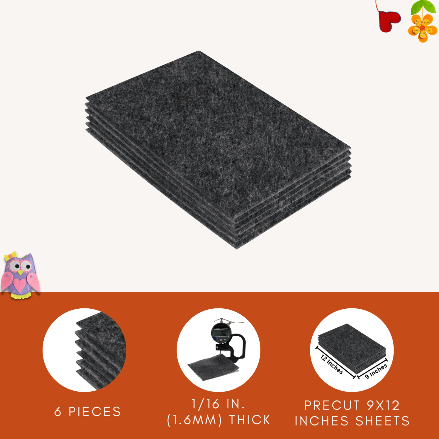 FabricLA Acrylic Felt 9"X12" Sheet Packs | Charcoal